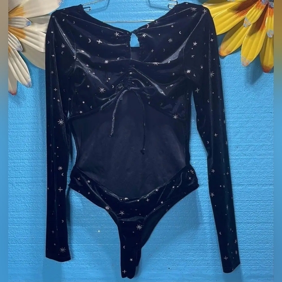 Whimsigoth Open Back Celestial Velvet Bodysuit in Midnight Black - Picture 3 of 8